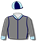 Grey, midnight blue seams, light blue collar & cuffs, grey sleeves with midnight blue seams, midnight blue & light blue quartered cap
