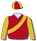 Cherry, old gold sash & sleeves, quartered cap