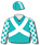 Jade green, white crossed sashes, jade green & white chequered sleeves, jade green cap with white strip