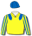 Yellow, royal blue epaulettes, striped sleeves & cap