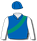 Royal blue, white sleeves, emerald green sash & royal blue cap
