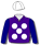 PURPLE, WHITE SPOTS, NAVY BLUE SLEEVES AND WHITE CAP WITH PURPLE POM POM
