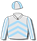 Silver grey, light blue chevrons, striped sleeves, quartered cap