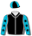 Black, white seams (body & sleeves), turquoise blue & white stylised logo (b&f), turquoise sleeves with black stars down sleeves, black & turquoise quartered cap with white seams