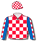Red & white chequers, stylized logo (b&f), royal blue sleeves with red & white chequers down sleeves, red & white chequered cap with royal blue peak