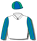 White, stylised logo on royal blue & emerald green background, striped sleeves, qtd cap