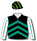 BLACK, EMERALD GREEN CHEVRONS, WHITE AND EMERALD GREEN SEAMS SLEEVES, BLACK AND GREEN STRIPED CAP