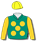 Emerald green, gold spots & sleeves, yellow cap