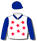 White, red stars (b&f), royal blue collar, sleeves & cap