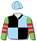 Black & light blue quarters, lime green & red hooped sleeves, light blue cap