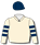 Cream, dark blue stylized logo (b&f), hooped sleeves & dark blue cap