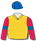 Gold, red sleeves, royal blue band & cap