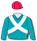 Peacock blue, white sashes, red cap