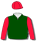 Dark green, gold stylised logo, red sleeves & cap