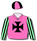 PINK, BLACK MALTESE CROSS, PALE GREEN AND BLACK STRIPED SLEEVES, PINK AND BLACK QUARTERED CAP