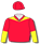Red, yellow yoke, red & yellow halved sleeves, red cap with yellow pom pom