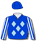 DARK BLUE AND LIGHT BLUE DIAMONDS, DARK BLUE AND WHITE STRIPED SLEEVES, DARK BLUE CAP AND POM POM