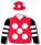 RED, WHITE SPOTS, BLACK AND WHITE HOOPED SLEEVES, WHITE SPOTS ON CAP