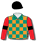 Emerald green & orange chequers, scarlet sleeves, black armbands & cap