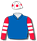 ROYAL BLUE, RED AND WHITE HOOPED SLEEVES, WHITE CAP WITH RED SPOTS