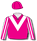 Hot pink, white V (b&f), hot pink & white striped sleeves, hot pink cap