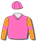 Pink, orange sleeves, pink armbands and cap with orange peak
