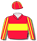 Red, yellow band, red & yellow striped sleeves, red cap with yellow seams