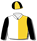 WHITE AND GOLD VERTICAL HALVES, BLACK SLEEVES, GOLD AND BLACK QUARTERED CAP