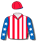 Red & white stripes, royal blue sleeves with white stars, red cap with royal blue peak