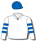 White, royal blue hooped sleeves, red band, royal blue cap