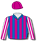 Royal blue and cerise stripes, cerise and white striped sleeves, cerise cap