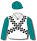 WHITE, BLACK AND WHITE CHECK SASH, TEAL SLEEVES AND CAP