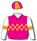 HOT PINK, WHITE AND ORANGE CHECKED BAND AND ARMBANDS, ORANGE AND HOT PINK QUARTERED CAP