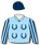 Light blue, dark blue horseshoes, striped sleeves, dark blue cap
