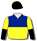Royal blue & yellow halves, yellow & black halved sleeves, black cap