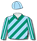 Emerald green & light blue diagonal stripes, striped sleeves & cap