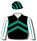 Black, emerald green chevrons, white sleeves with emerald green seams, black & emerald green striped cap