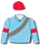 Sky blue, silver grey sash, sky blue sleeves, red arm band & cap