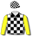 BLACK, WHITE CHECK, YELLOW SLEEVES, BLACK AND WHITE CHECKED CAP