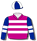 Cerise, white hoops, royal blue sleeves, white arm bands, royal blue & white quartered cap