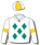 White, emerald green diamonds, gold arm bands, gold & white quartered cap