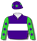Purple, white band, lime green sleeves, purple stars down sleeves, purple cap with lime green stars
