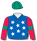 Royal blue, white stars, red sleeves, emerald green armbands & cap