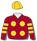 Maroon, gold spots (b&f), hooped sleeves & gold cap