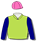 Light green, navy blue sleeves & pink cap