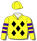 Yellow, black diamonds (b&f), purple hooped sleeves, yellow cap
