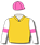 Gold, white sleeves, pink armband, pink cap with white pom pom