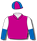 CERISE, WHITE AND ROYAL BLUE HALVED SLEEVES, CERISE AND ROYAL BLUE QUARTERED CAP