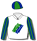 White, stylized logo on royal blue & emerald green background, striped sleeves & quartered cap