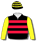 BLACK, RED HOOPS, YELLOW SLEEVES, BLACK CAP, YELLOW HOOPS